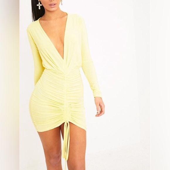 NWT💫 PLT Oriana lemon plunge rushed bodycon dress - Picture 5 of 16